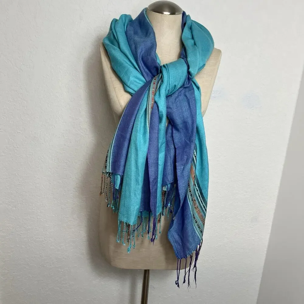 Blue Pashmina Scarf Wrap Unbranded Tassels at ends, Bohemian, Coastal, Travel